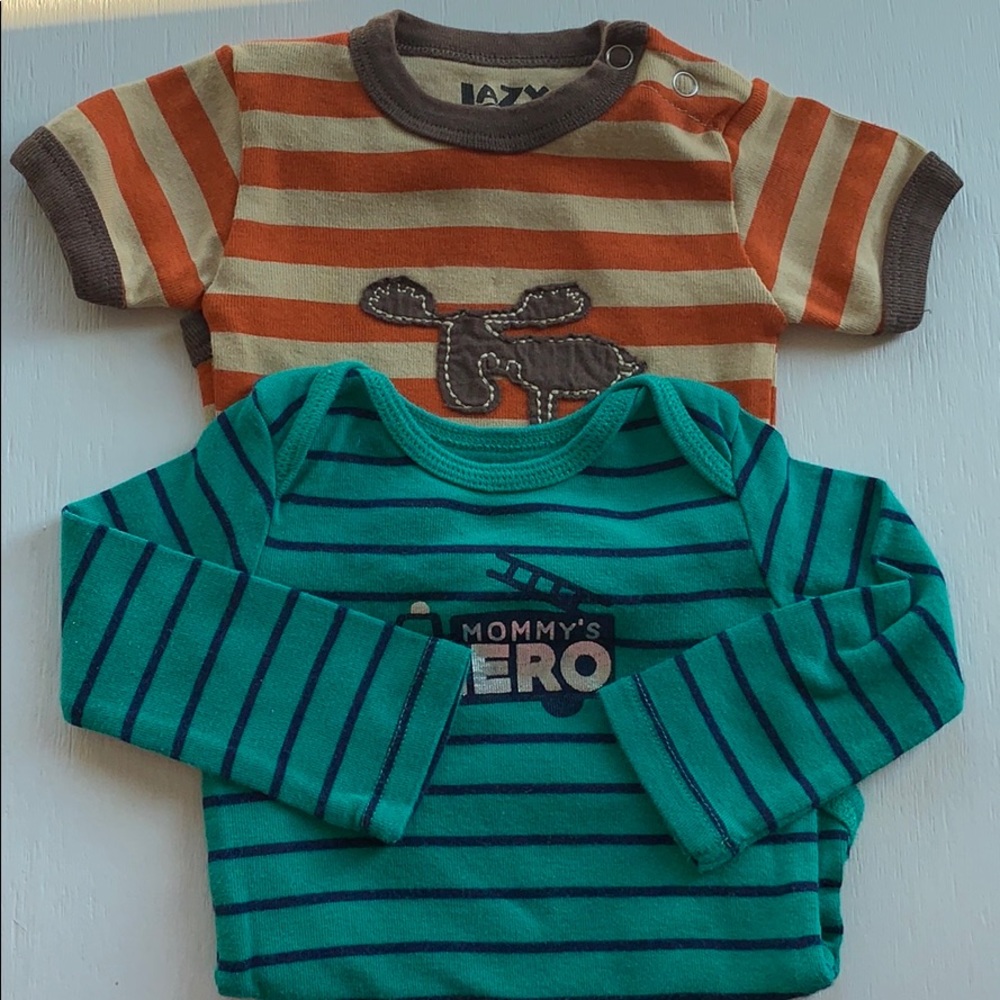 2 Striped Onesies Lazy One and Just One You 6 MOS.
